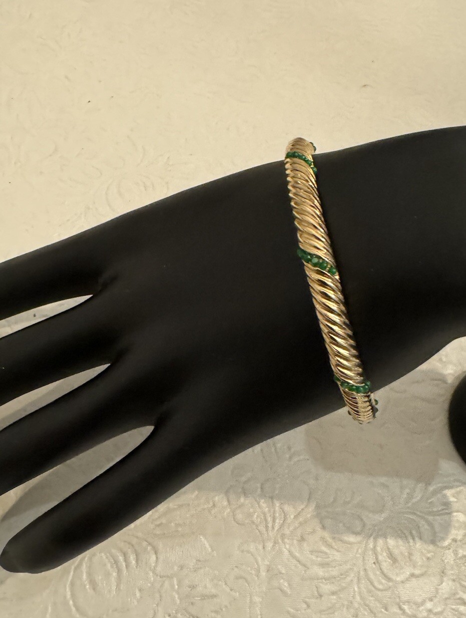 Vintage Marcel Boucher Bracelet Bangle 7511 Gold Swirl Ribbed Green Stones