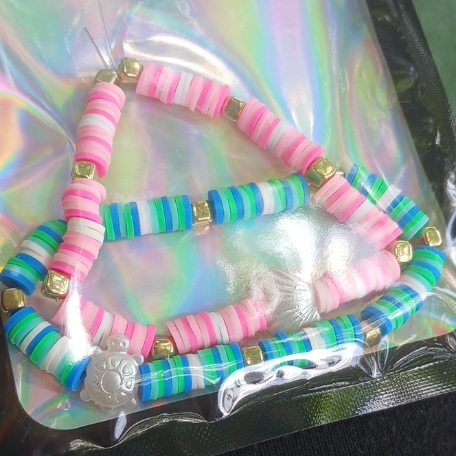 Multicolor Stretch Beaded Charm Bracelet, Beach Theme, Round Beads, Dangle Charm