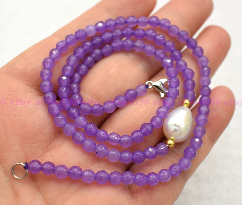 Natural Faceted 4mm Lavender Red Jade Roundelle Gems White Pearl Necklace AAA