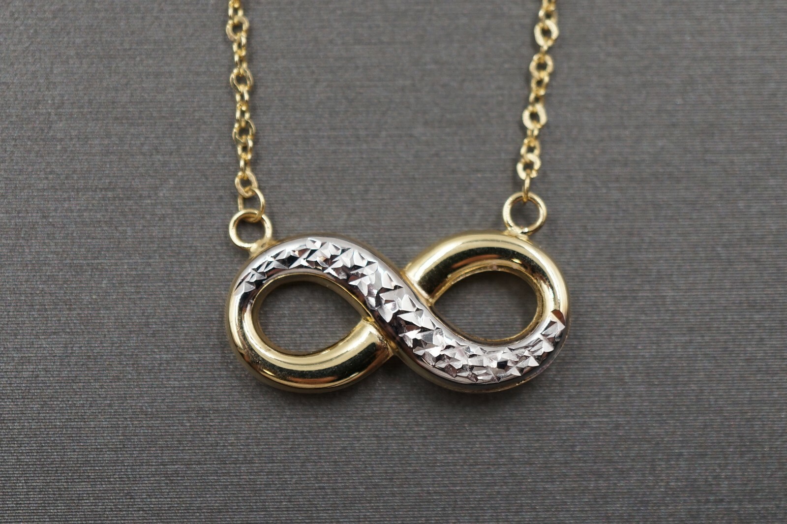 14K Yellow Gold Hollow Diamond Cut Two Tone Infinity Charm Pendant Necklace.17+1