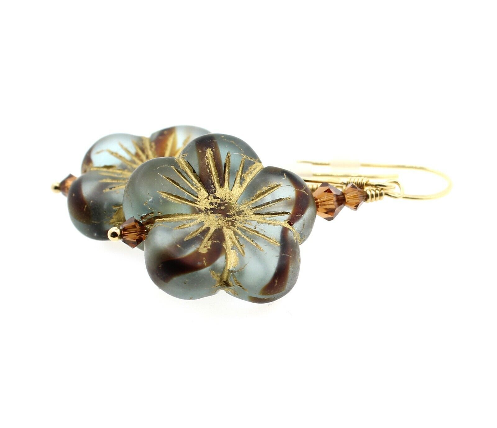Flower Earrings Frost Seaglass Stripes Blue Glass Caramel Swarovski Vermeil Gold