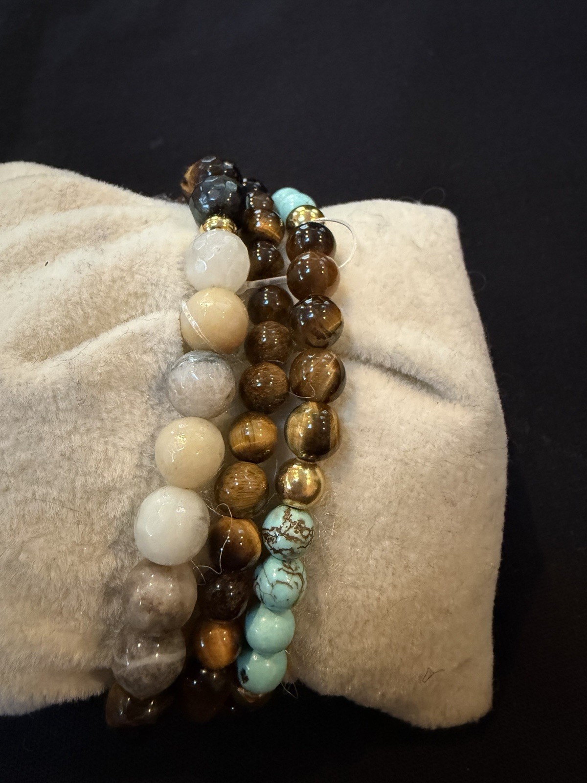 Tiger’s Eye Beaded Bracelet Set w/ Turtle Dangle Charm, Turquoise Beads