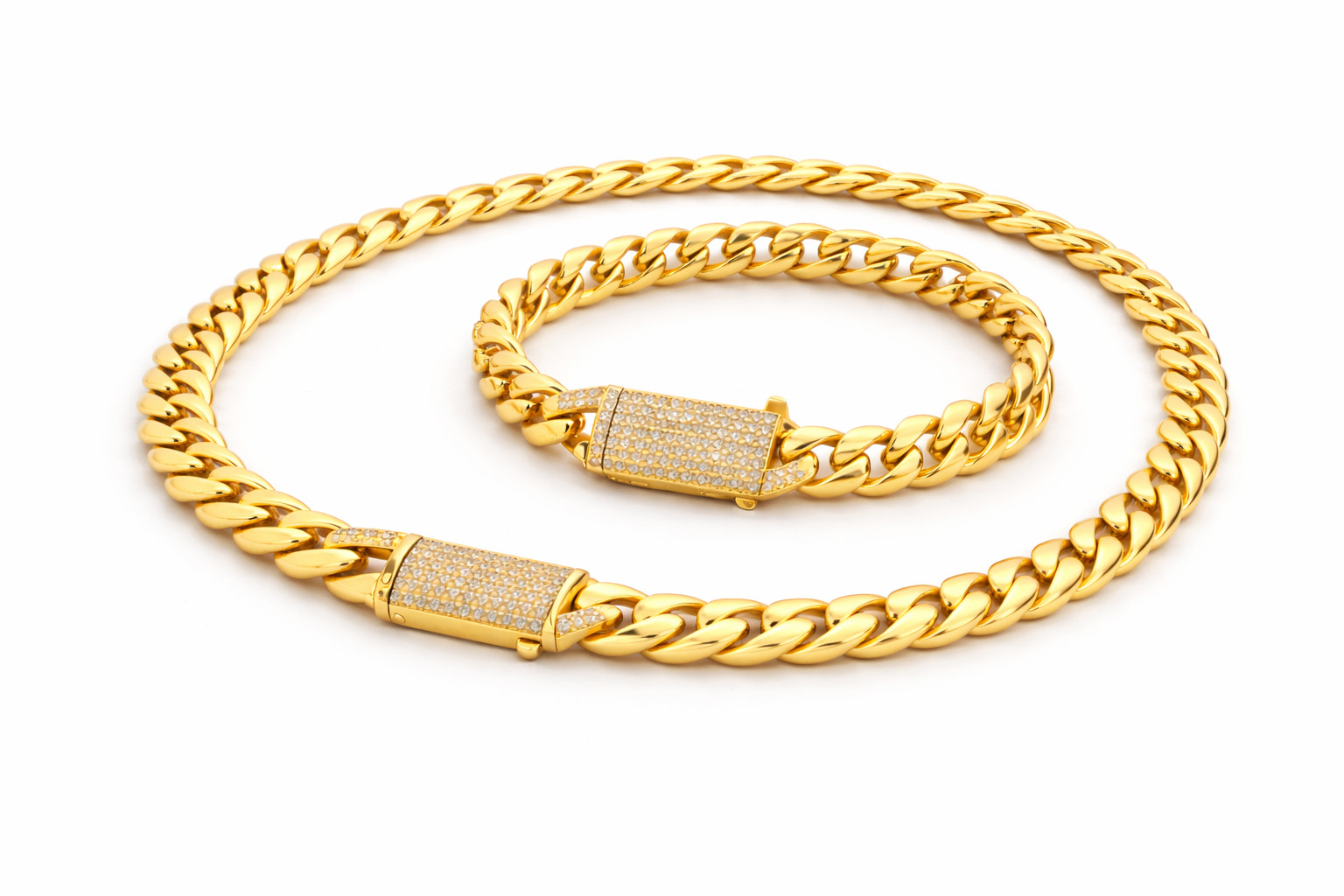 Italian 1/200 14k Yellow Gold Overlay Miami Cuban Iced CZ Chain Bracelet Set in