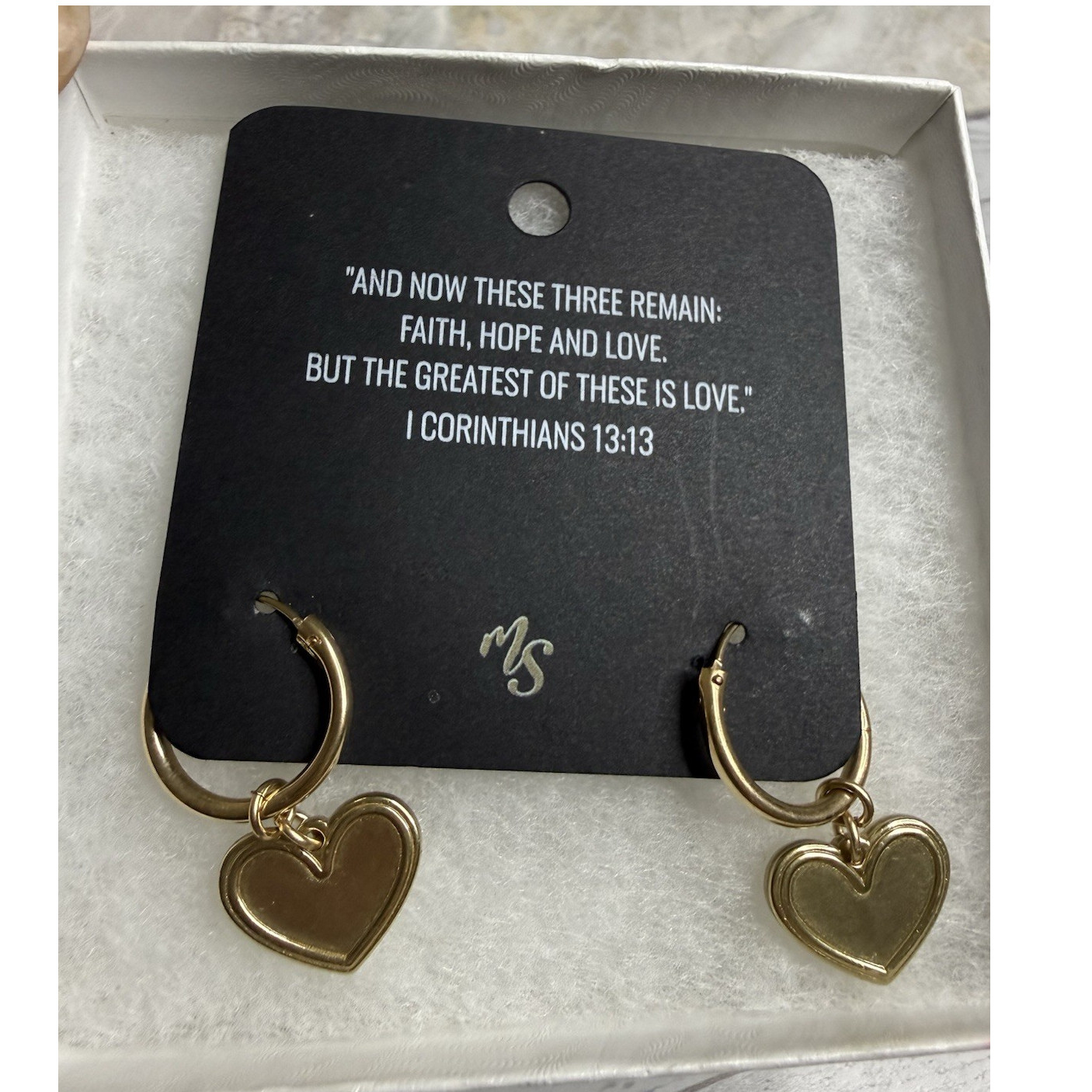 Madison Sterling Gold Tone Heart Charm Hoop Earrings 1 Corinthians 13:13