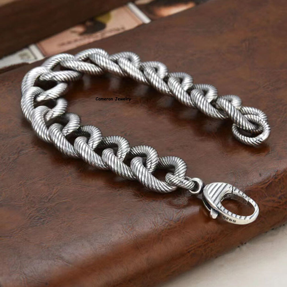 Pure S925 Sterling Silver Bracelet 14mm Feather Curb Link Chain 7.1-8.7inch