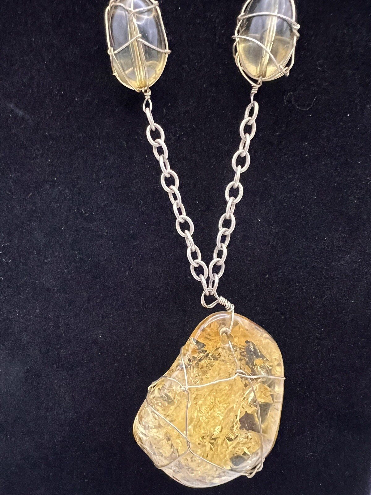 Vintage Wire Wrapped Faux Citrine Stone Necklace Yellow Beads Gold Tone Chain