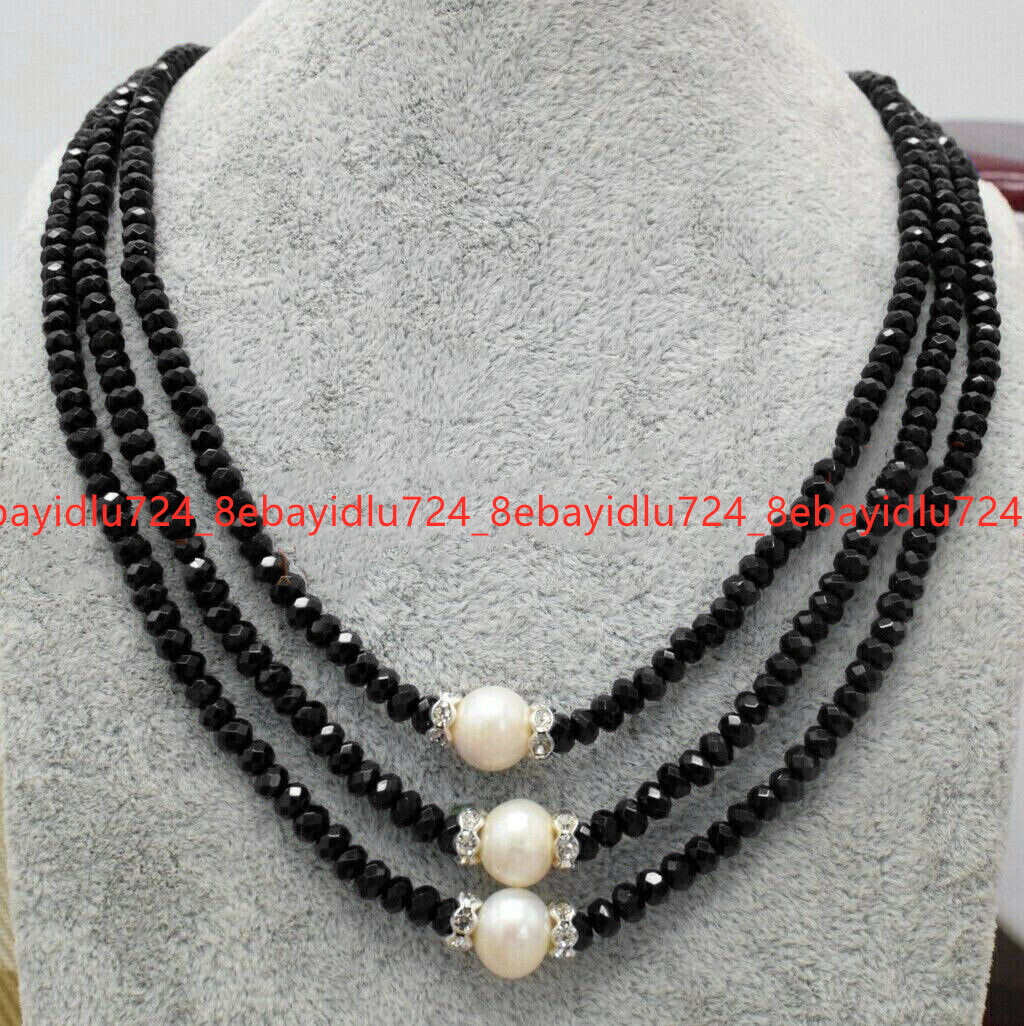 3 Rows Faceted 2x4mm Multicolor Gems & 8-9mm White Pearl Necklace 17-19 in