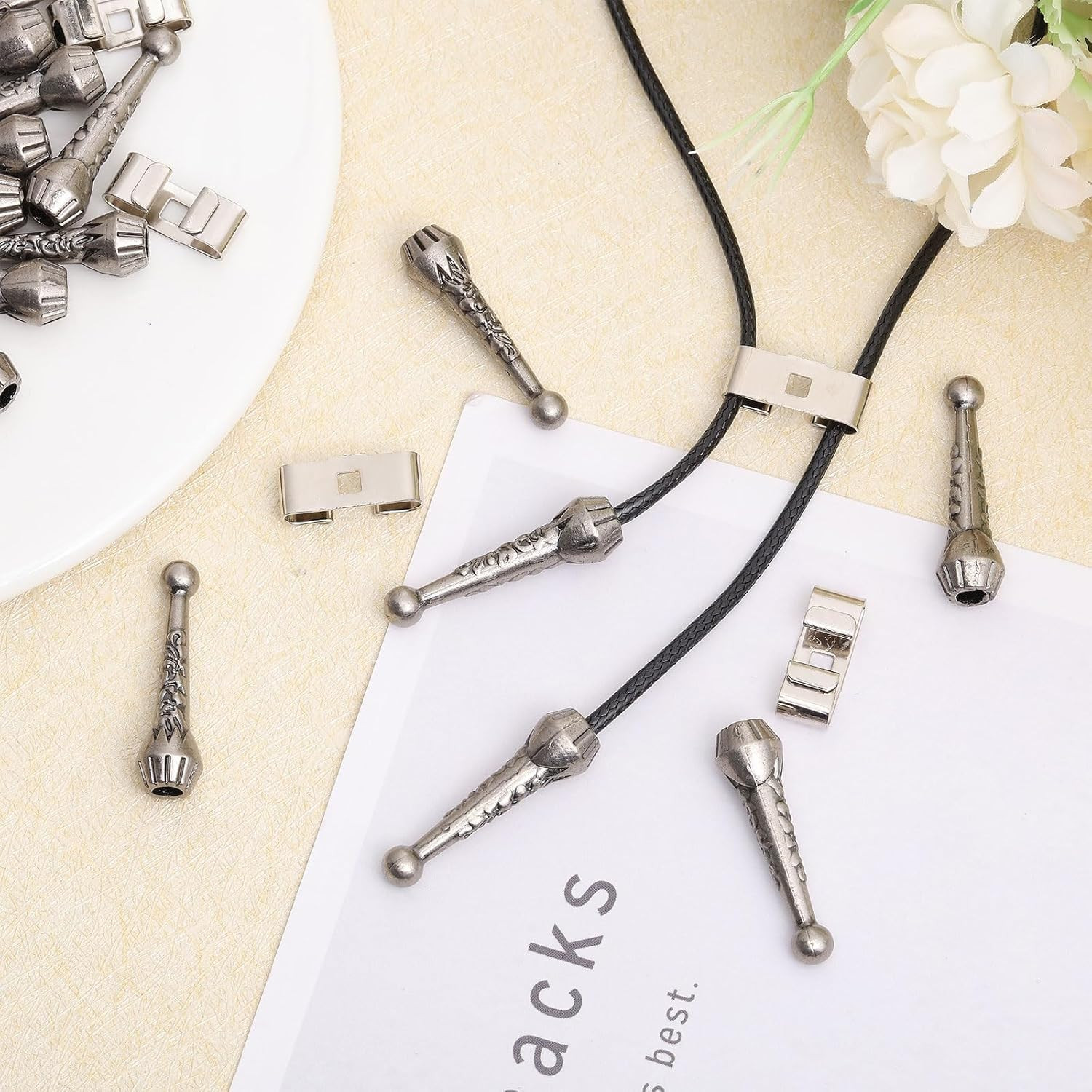 Bolo Tie Findings Kit: 36Pcs Antique Silver Tips, End Caps & Slide Clasps