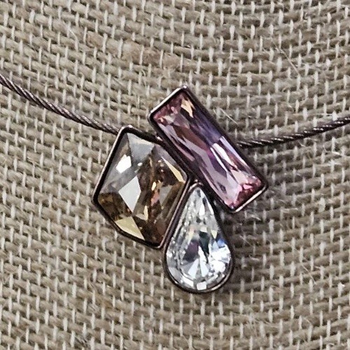 Touchstone Three Color Crystal Slide Pendant on Brown Rhodium Plated Cord