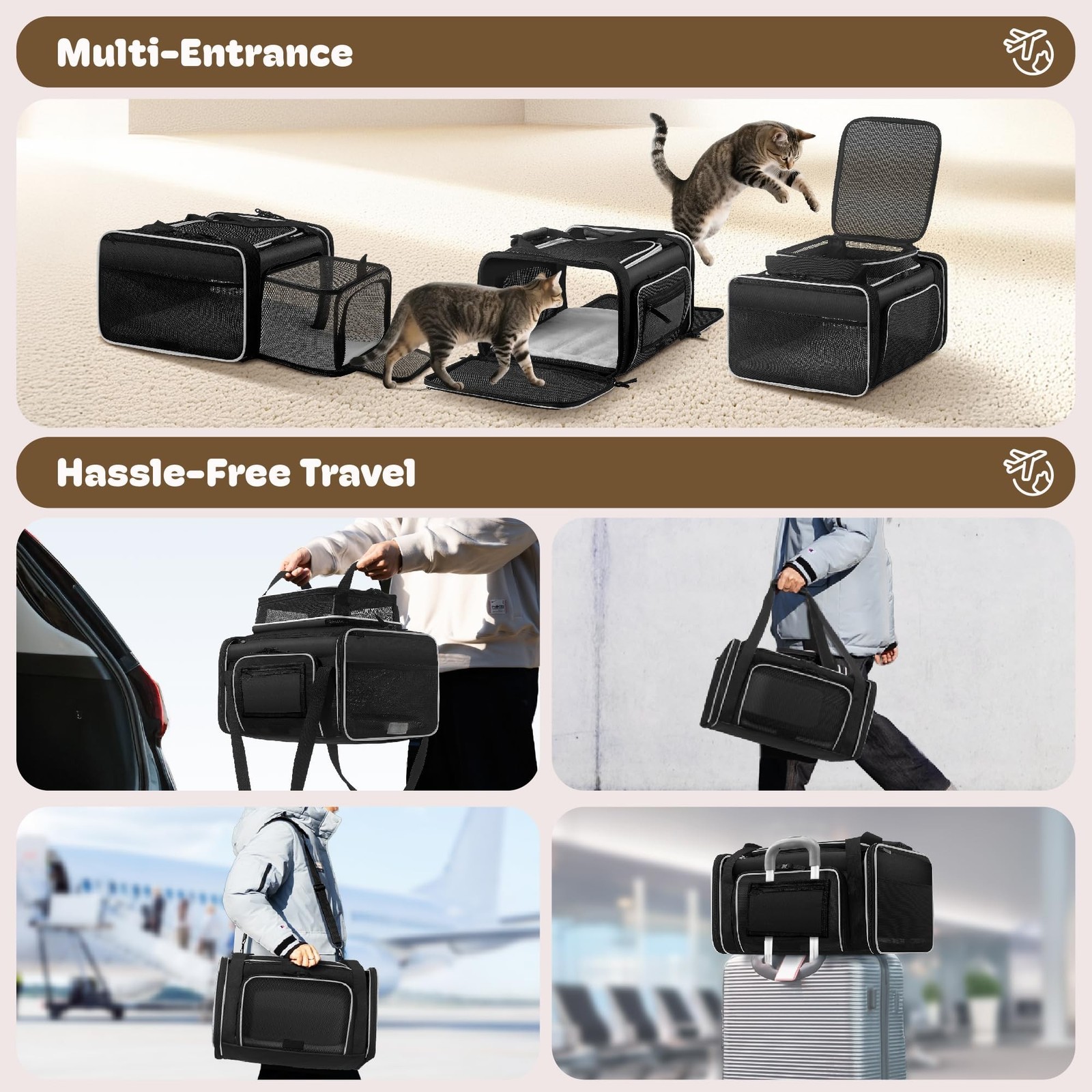 Top and 2 Sides Expandable Cat Carrier 18×13.5×9.5, TSA Airline Approved Dog …