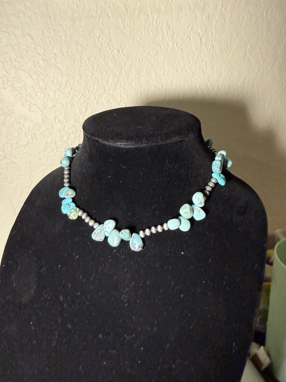 turquoise chip and pearl beaded necklace blue white stone pearl ball/bead chain