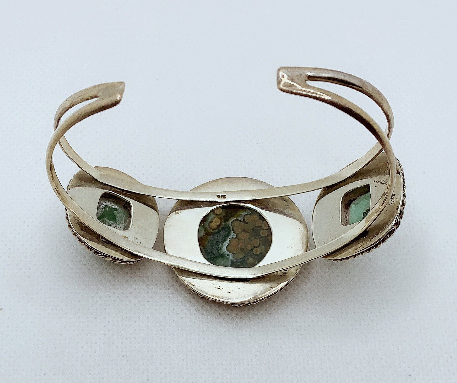 VTG 925 STERLING SILVER OCEAN JASPER & DIAMOND CUT CLASS CUFF BRACELET 43.3g #rl