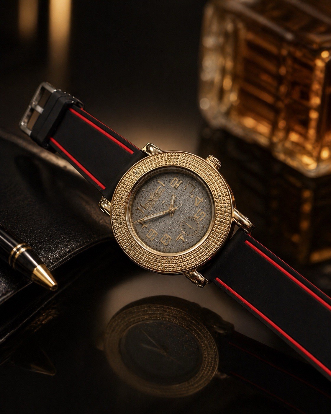 King Master Gold Tone Men’s Watch Black Red Strap Luxury Preowned