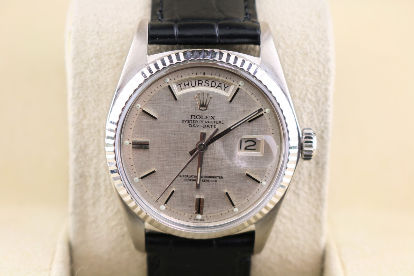 1974 Rolex Day-Date 1803 Linen Dial 18kt White Gold Leather strap No Papers 36mm