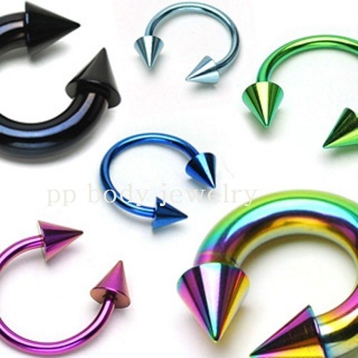 PAIR Anodized Surgical Steel Spiked Horseshoe Circular Barbell Ear Labret Septum