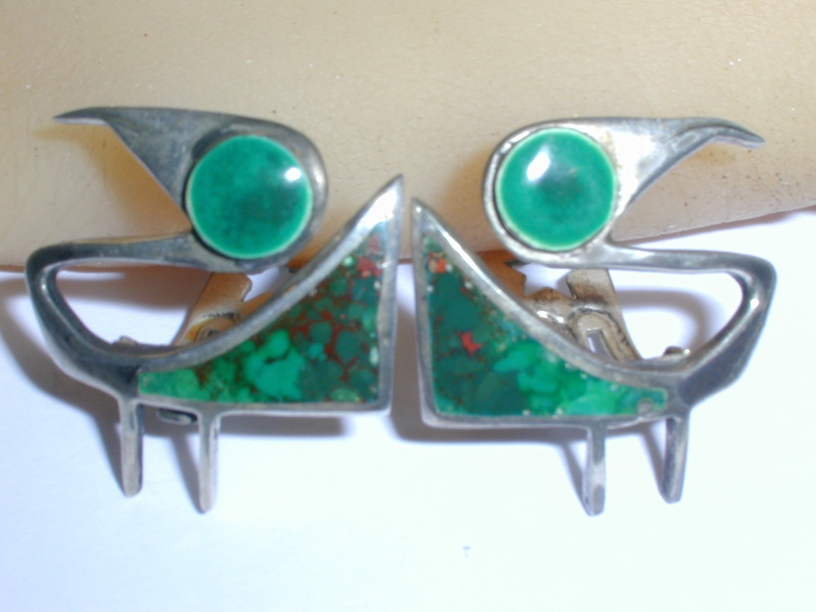 RARE-GRAZIELLA LAFFI PERU STERLING ABSTRACT BIRD GREEN ENAMEL CLIP-ON EARRINGS!
