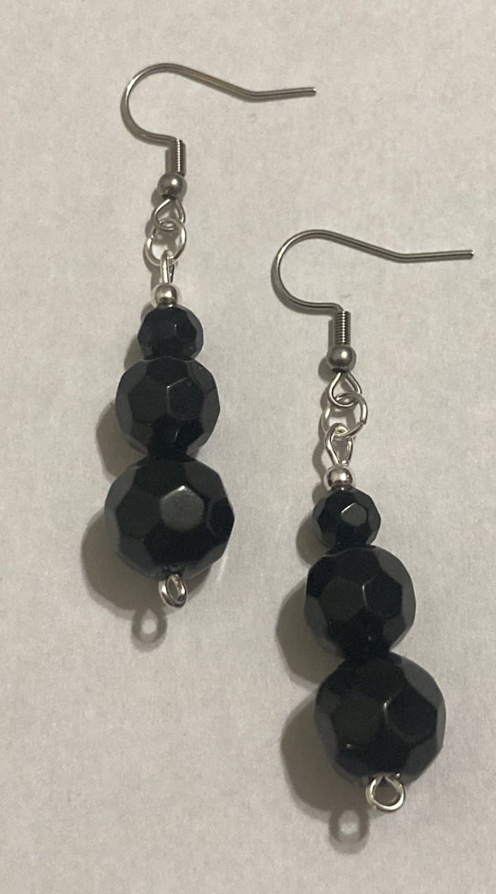 Onyx Obsidian Black Beaded Silver Handmade Boho Dangle Hook Drop Style Earrings