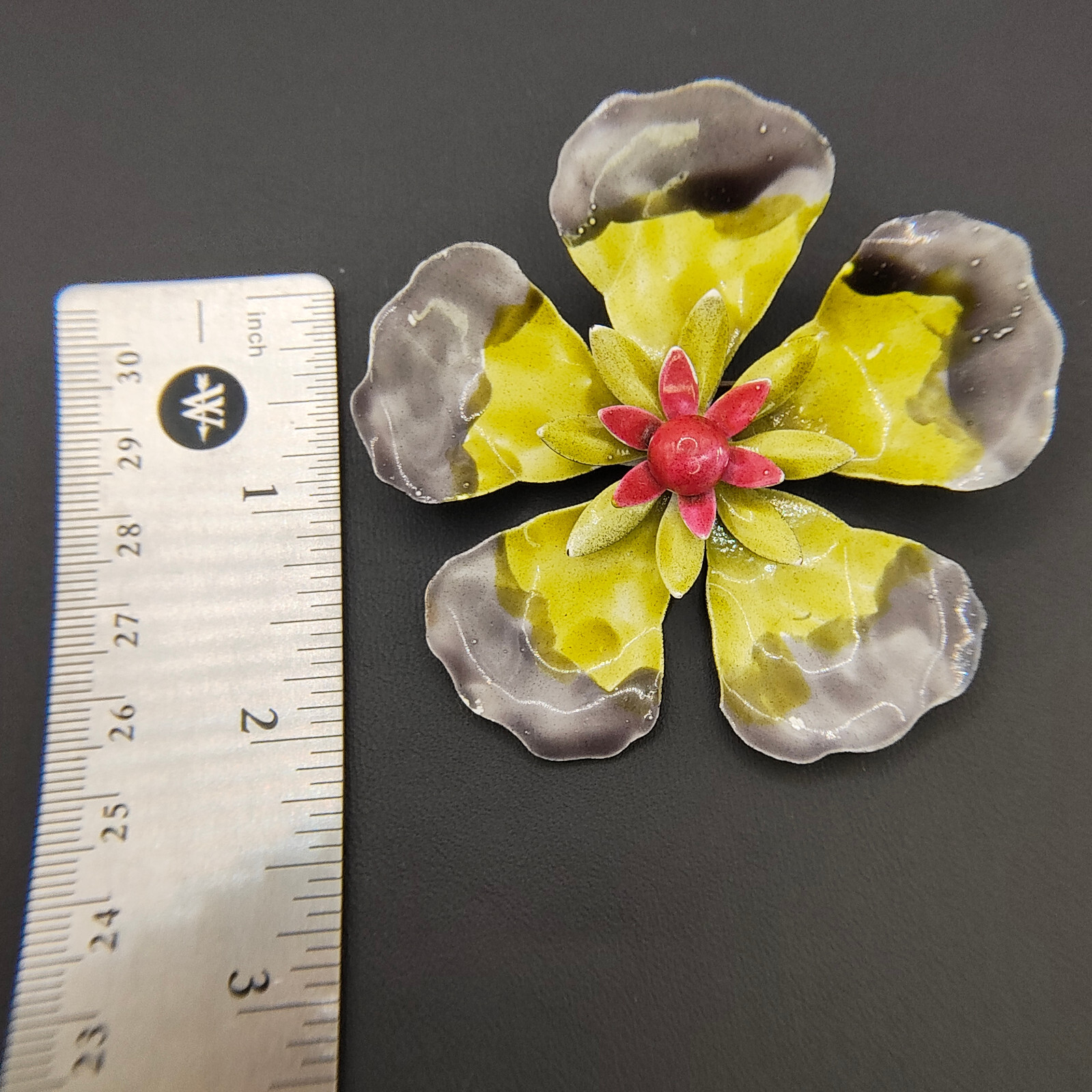 Vintage Hibiscus Flower Brooch Pin Enamel Black Gray Yellow Red 1960s-1970s MCM