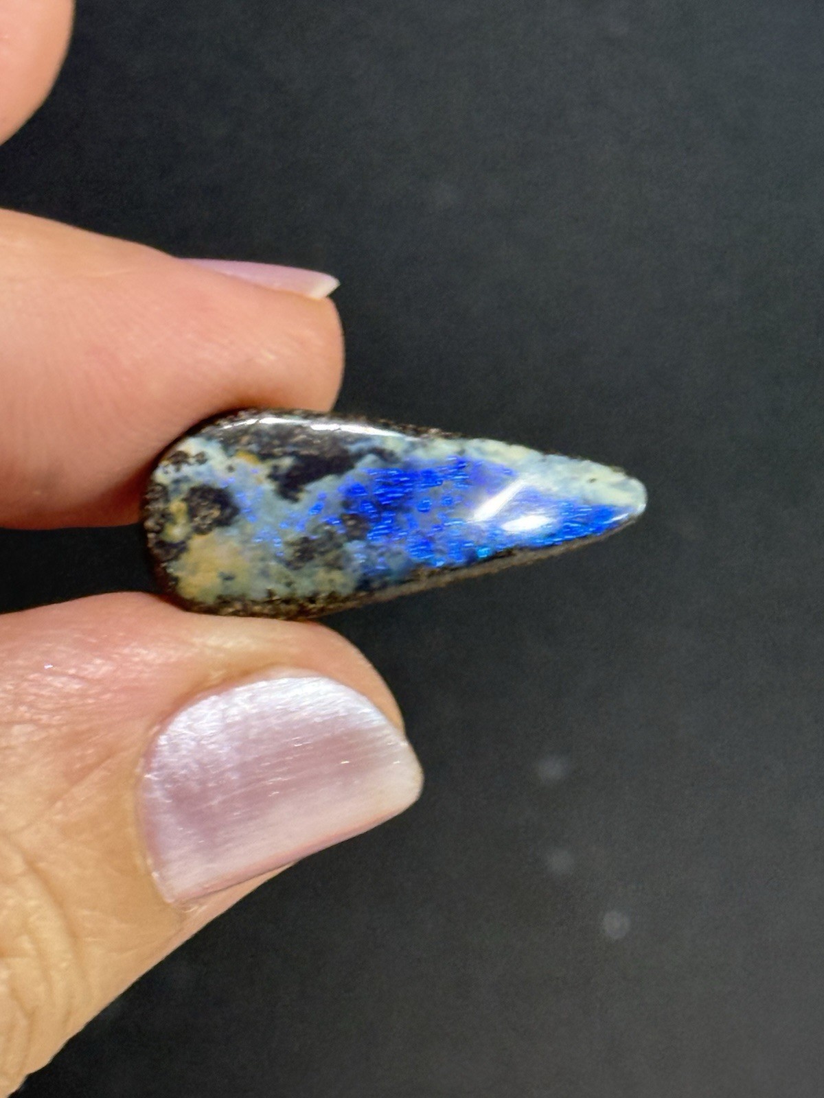 9.35ct 24x10x5mm Flashy Dark Blue Natural Boulder Australian Opal Drop Cabochon