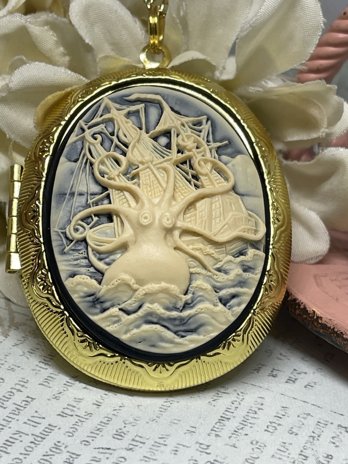 NEW Gold Kraken Octopus Ship Ocean Sea Nautical Locket Necklace Photo Jewelry