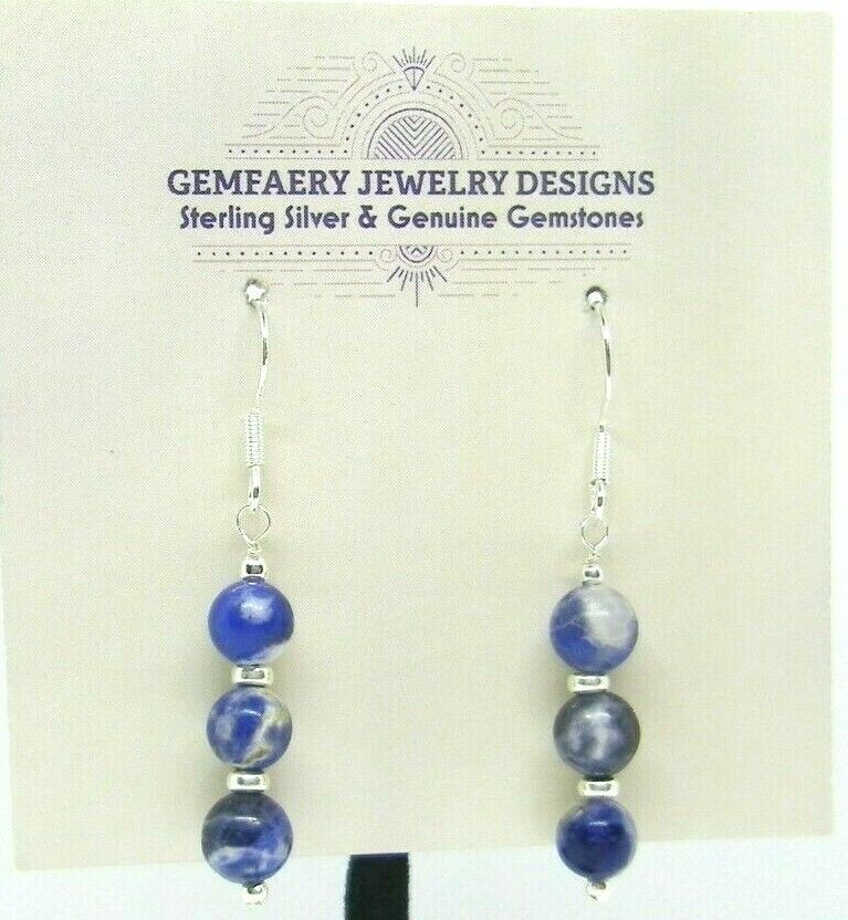Sterling Silver Natural SODALITE Stacked Gemstone Earrings #4119…Handmade USA