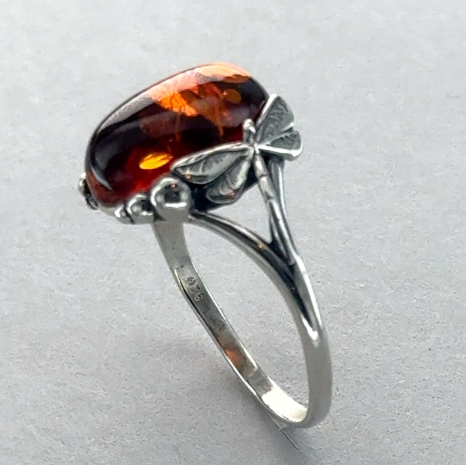 Oval Cognac / Brown BALTIC AMBER Dragonfly Ring 925 STERLING SILVER Poland #58e
