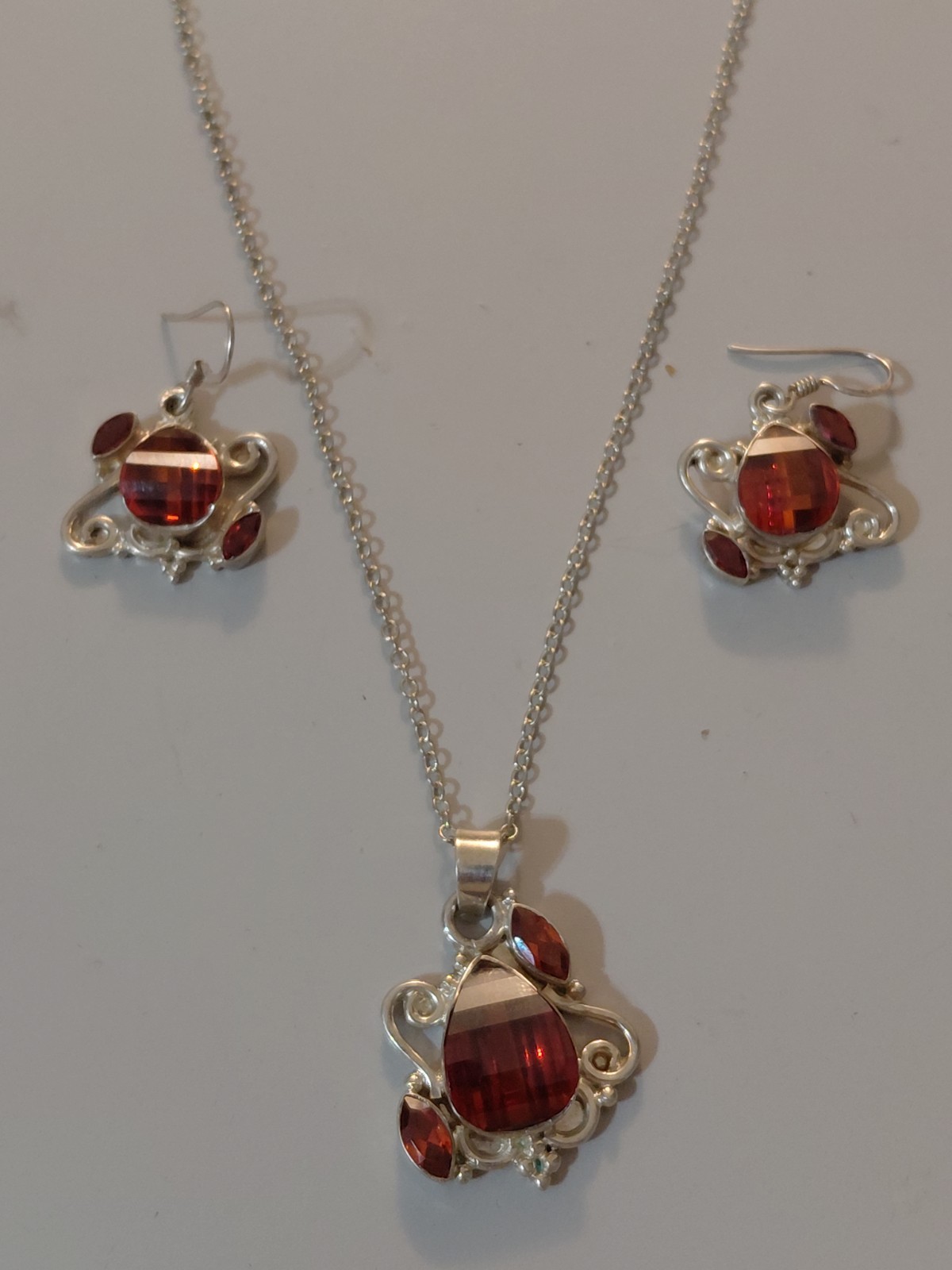 Hessonite Garnet Necklace And Earrings Artisan Set: Sterling Silver 925 W/ 19g