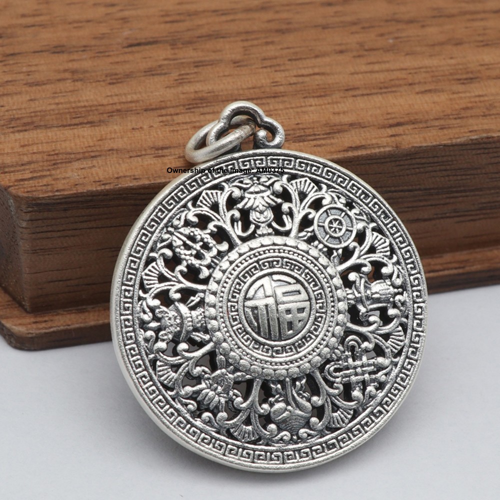 New Pure 999 Fine Silver Pendant Vintage Style Buddhist Treasure Compass Pendant