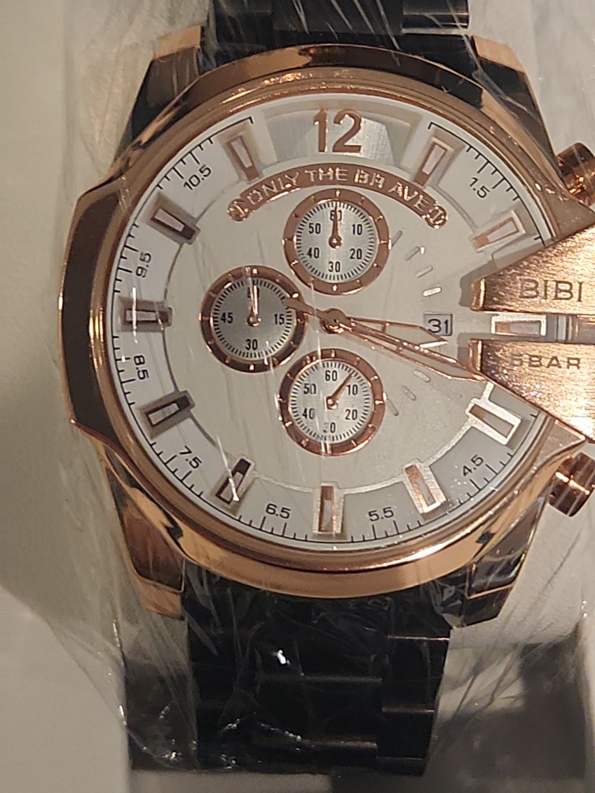 Bibi Luxury Watch Rose Gold Bezel White Dial Black Metal Bracelet 50mm