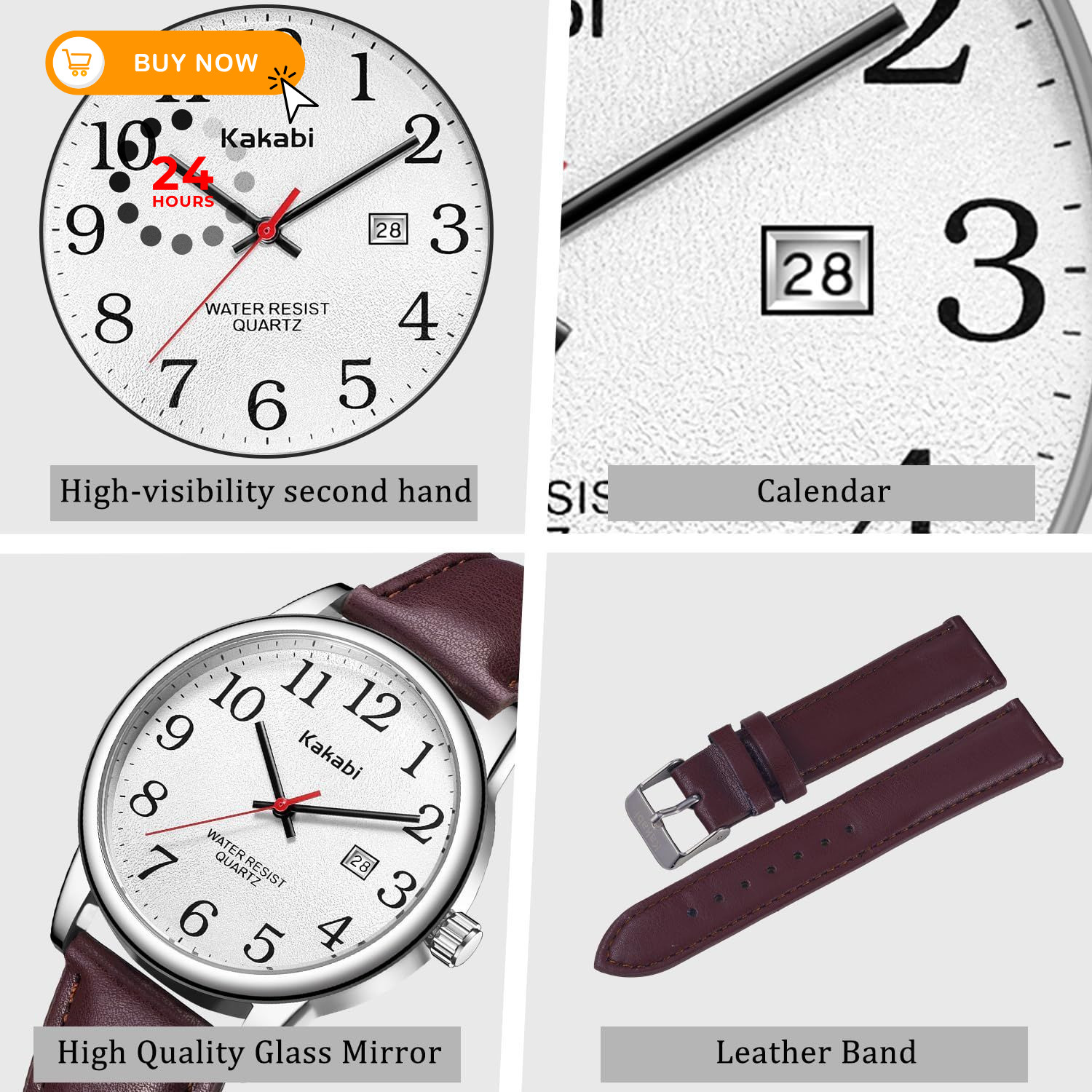 Kakabi Watch for Men, Easy Reader Unisex 03-Reddish-brown/Silver-Tone/White