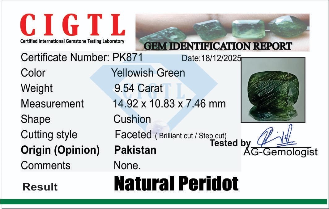 Natural Certified Peridot from Pakistan with Rare Ludowigite Inclusions