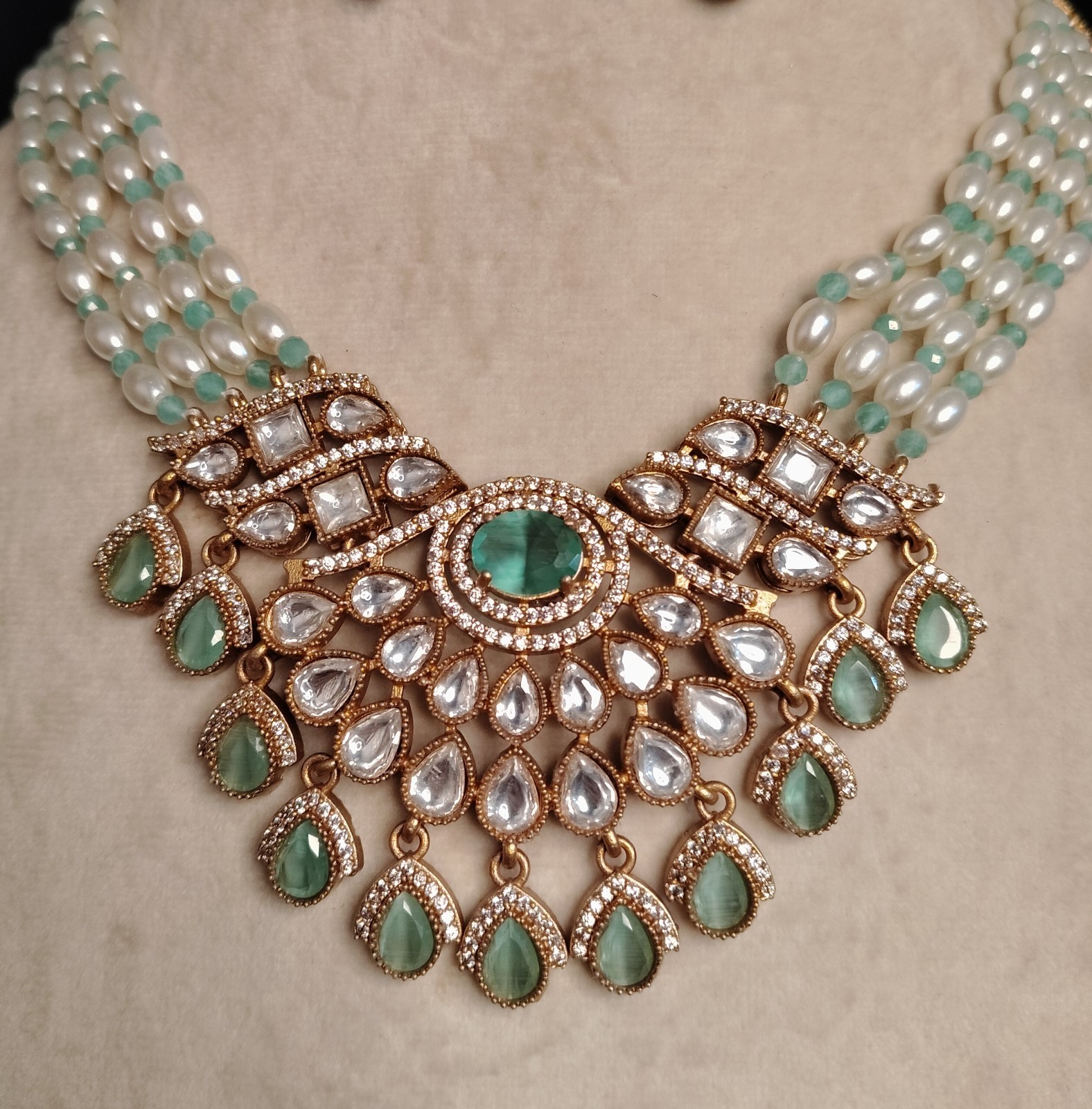 Ayat Mint Green Kundan Pearl Necklace Set with Earrings Roz Jewellers.