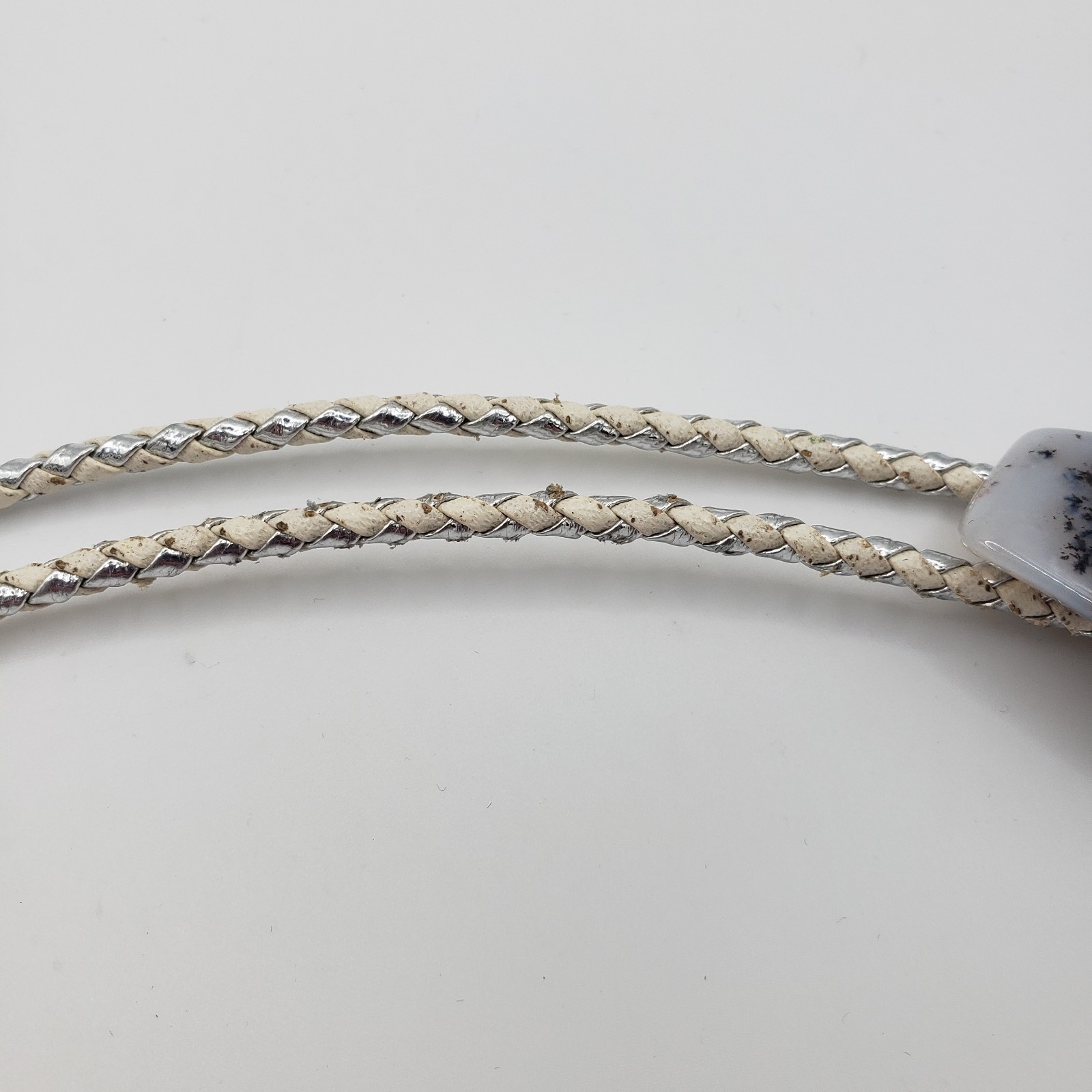 Vintage Dendritic Agate Bolo Tie Braided White/Silver Leather Cord Western Style