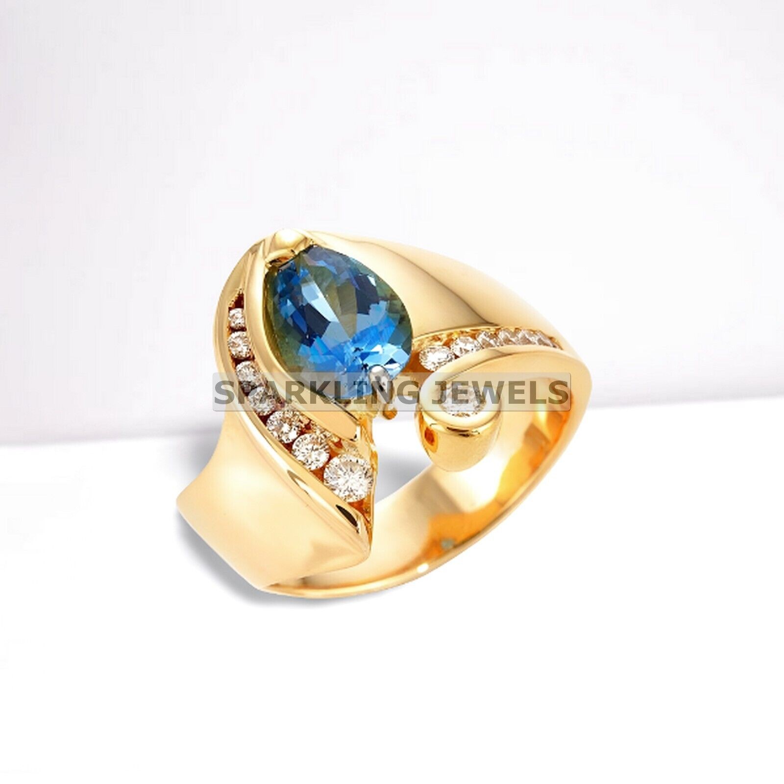 Lustrous Blue Topaz Pear Cut With 14k Solid Pure Gold Ring For Men #456