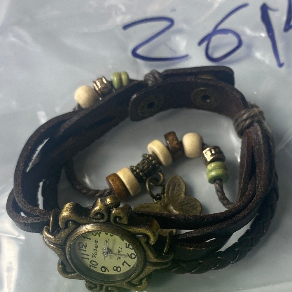 Visser Women Boho Leather Wrap Watch Brown Beaded Butterfly Charm Bronze Flower