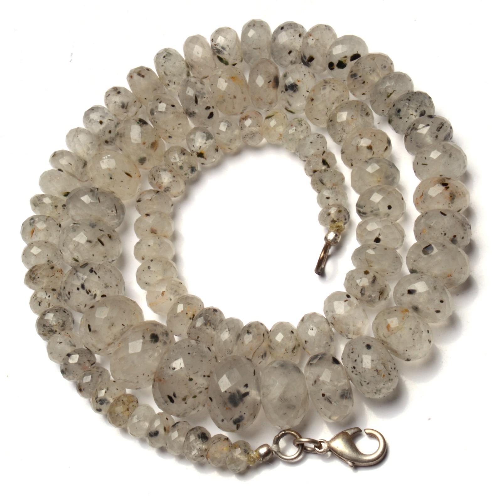 Natural Gem White Moss Quartz 7 to 13MM Faceted Rondelle Beads 19 Inch Necklace