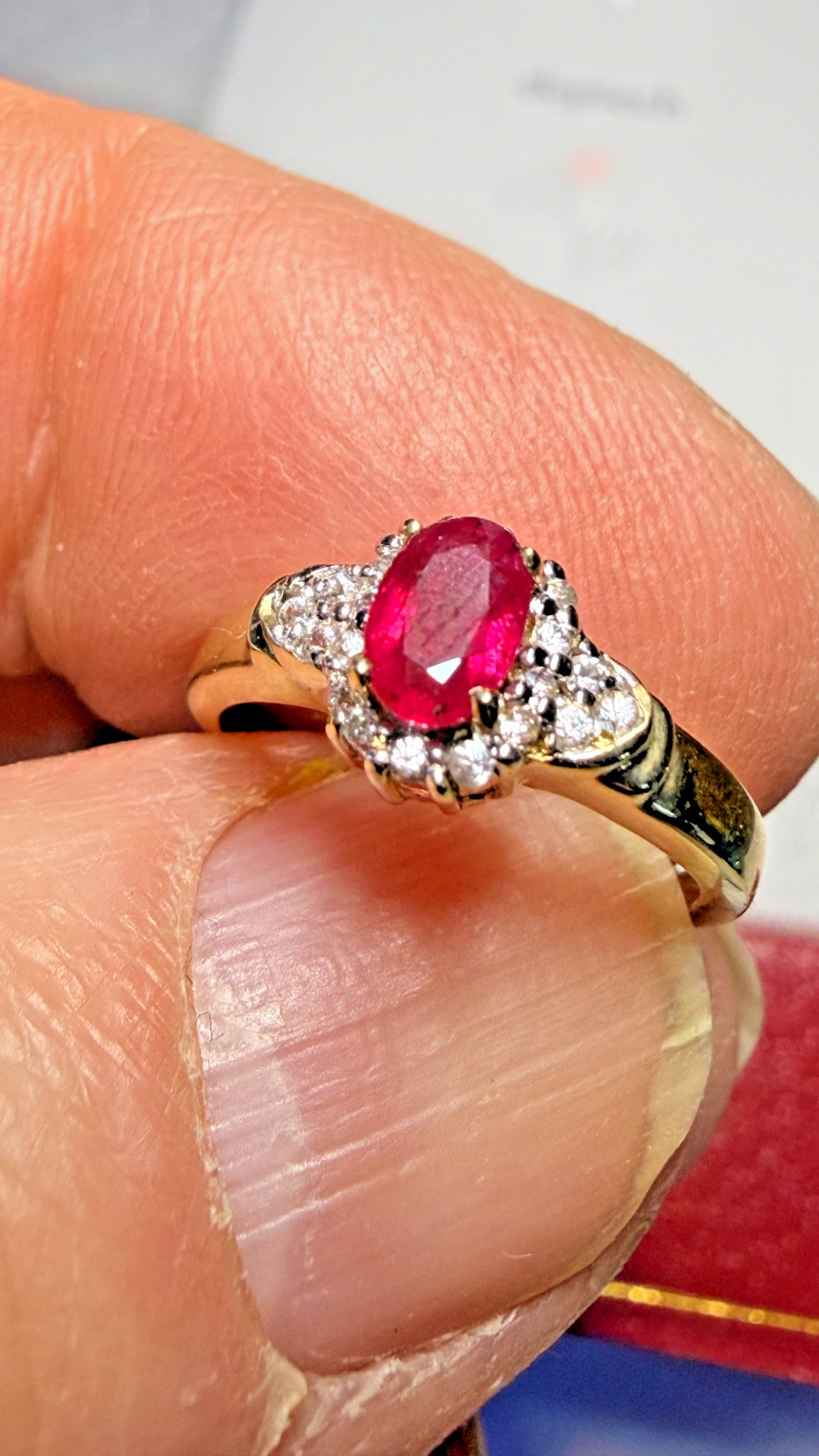 Stunning 9ct Yellow Gold & Ruby Ring – CZ’s – English – London