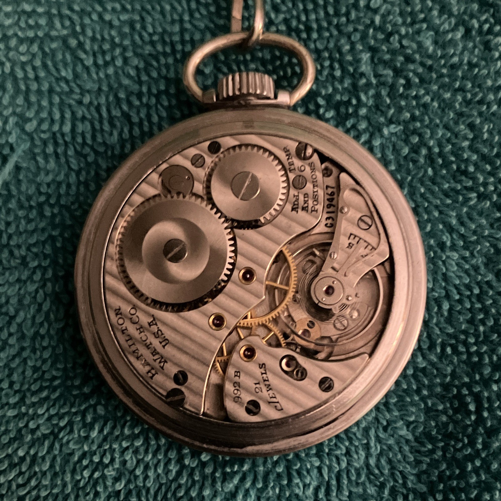 1951 Hamilton 992B 21J 16S Stainless Steel Pocket Watch w/ Chain, Runs Great