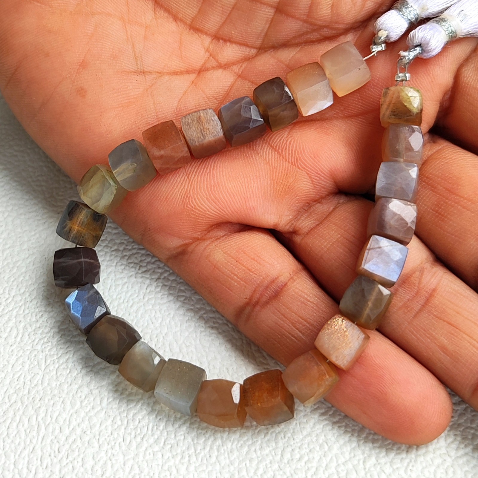 Multicolor Moonstone 7.5mm Faceted Cube Bead 7 Inch Strand Natural India Gems