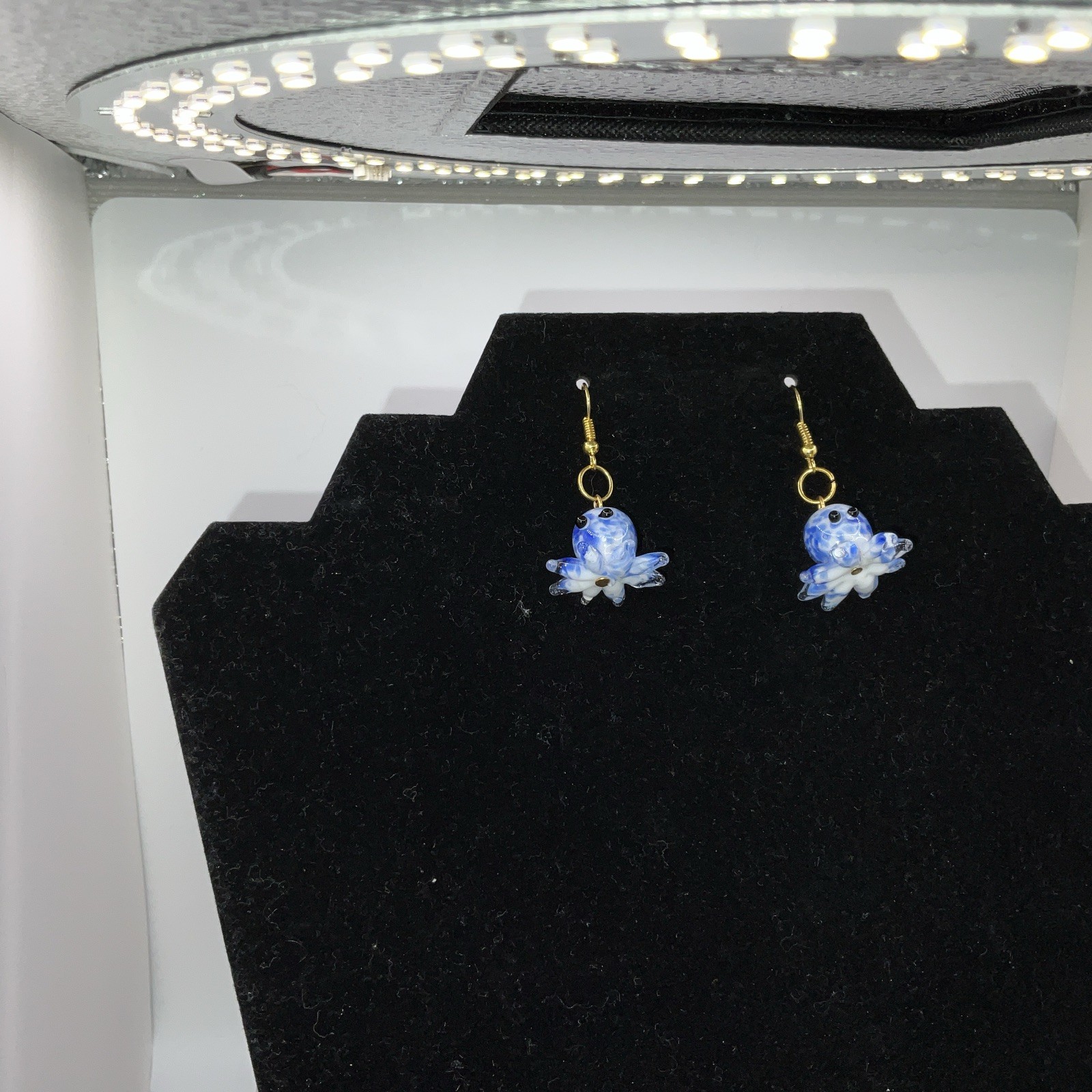 Blue & White Octopus Glass Earrings W/ Backs. Homemade 14k Extra Plated Gold New