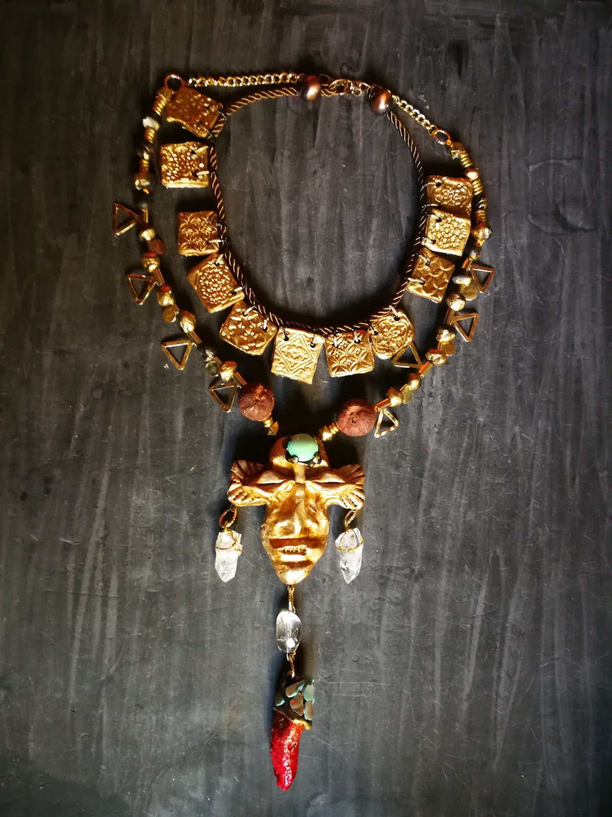 Statement Luxury Necklace Jewelry Pendant Tribal Mask Sculpture Horn & Gemstone
