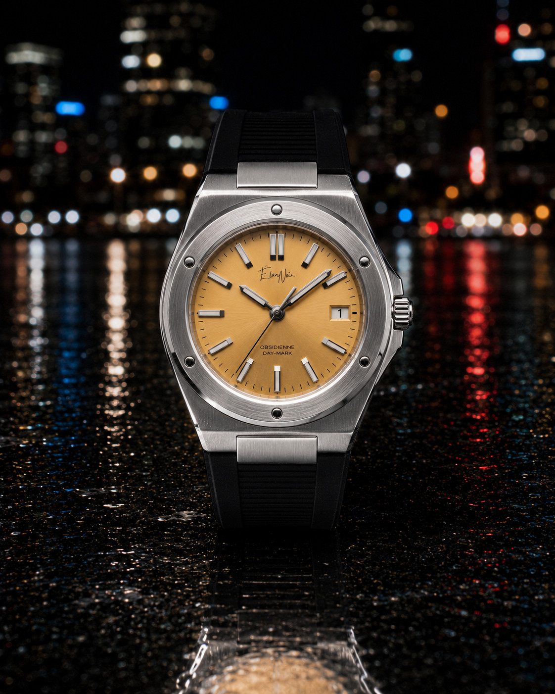 Custom Élan Noir Day-Mark Automatic Mens Watch Yellow Dial Sapphire Steel 41mm