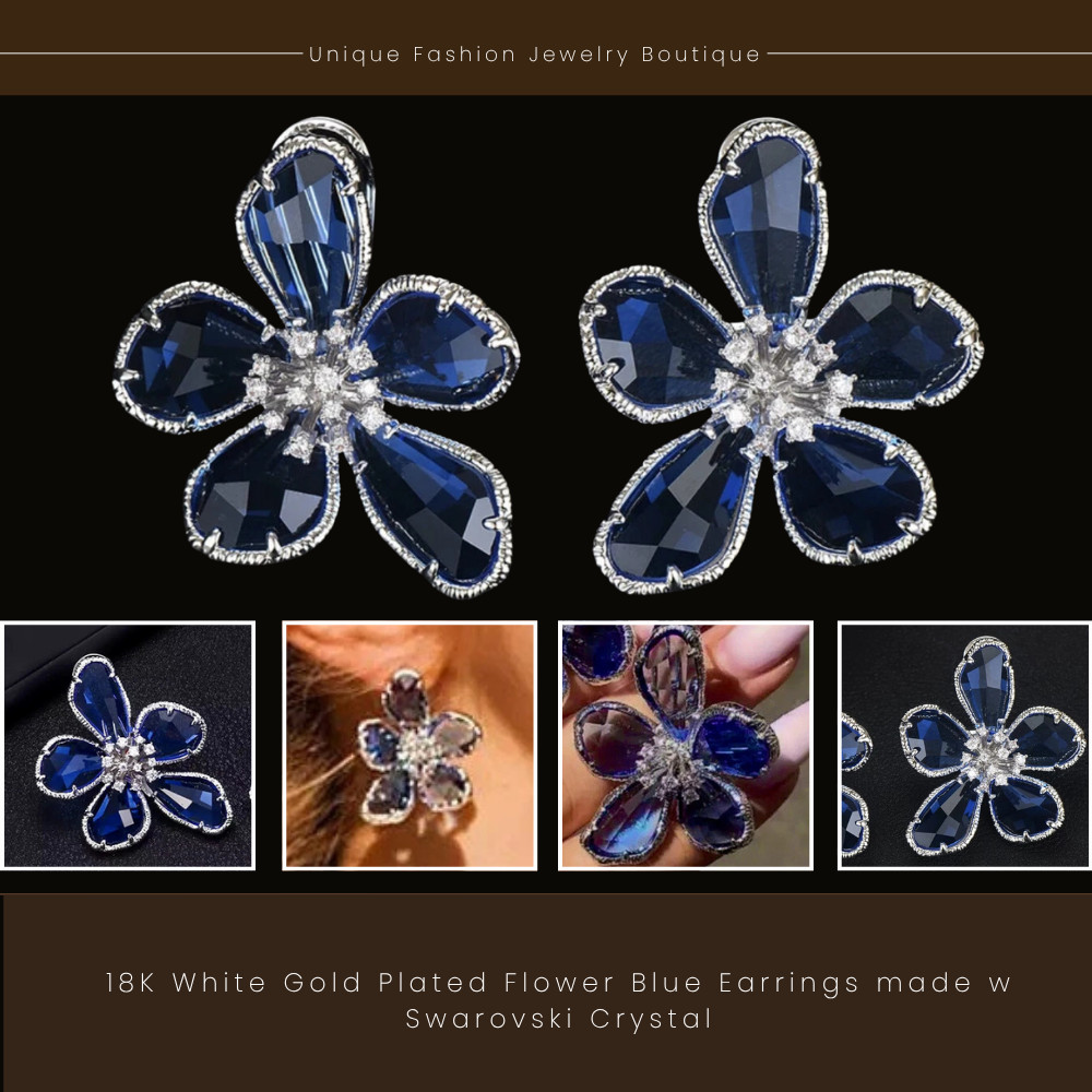 18K White Gold Plated Flower Blue Earrings made w Swarovski Crystal Elegant Gift