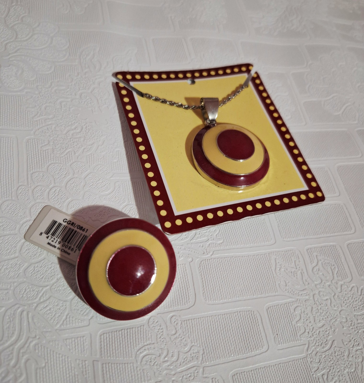 Enamel Red and Yellow Jewelry Set Necklace and Ring Circular Design