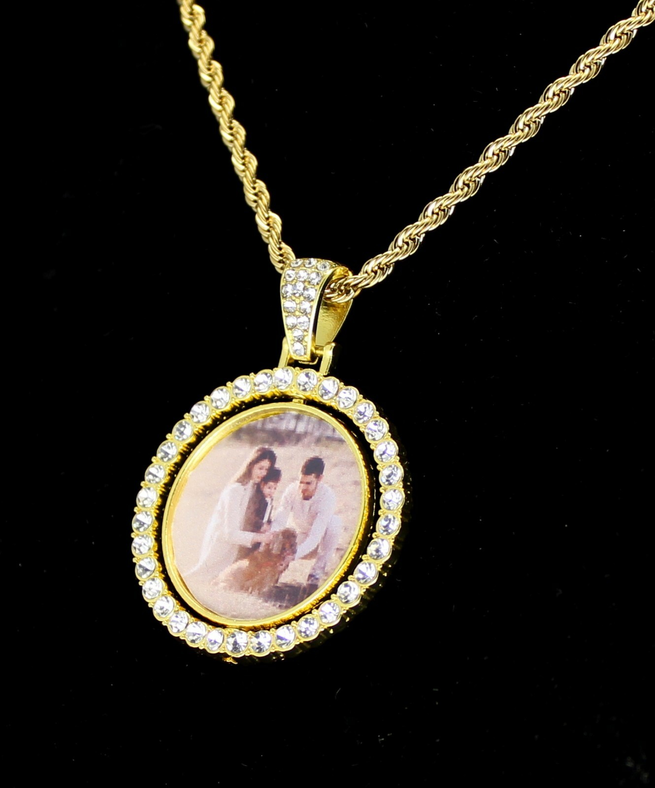 Picture Spinner Photo CZ 2 Sided Pendant Gold Plated Stainless Steel Necklace