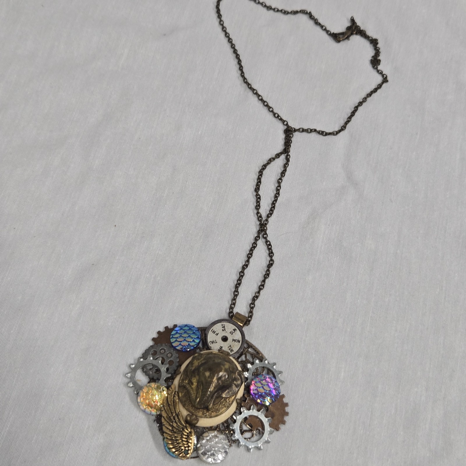 Steampunk Gear Charm Pendant Necklace Mixed Metal Multicolor Cable Chain Lobster