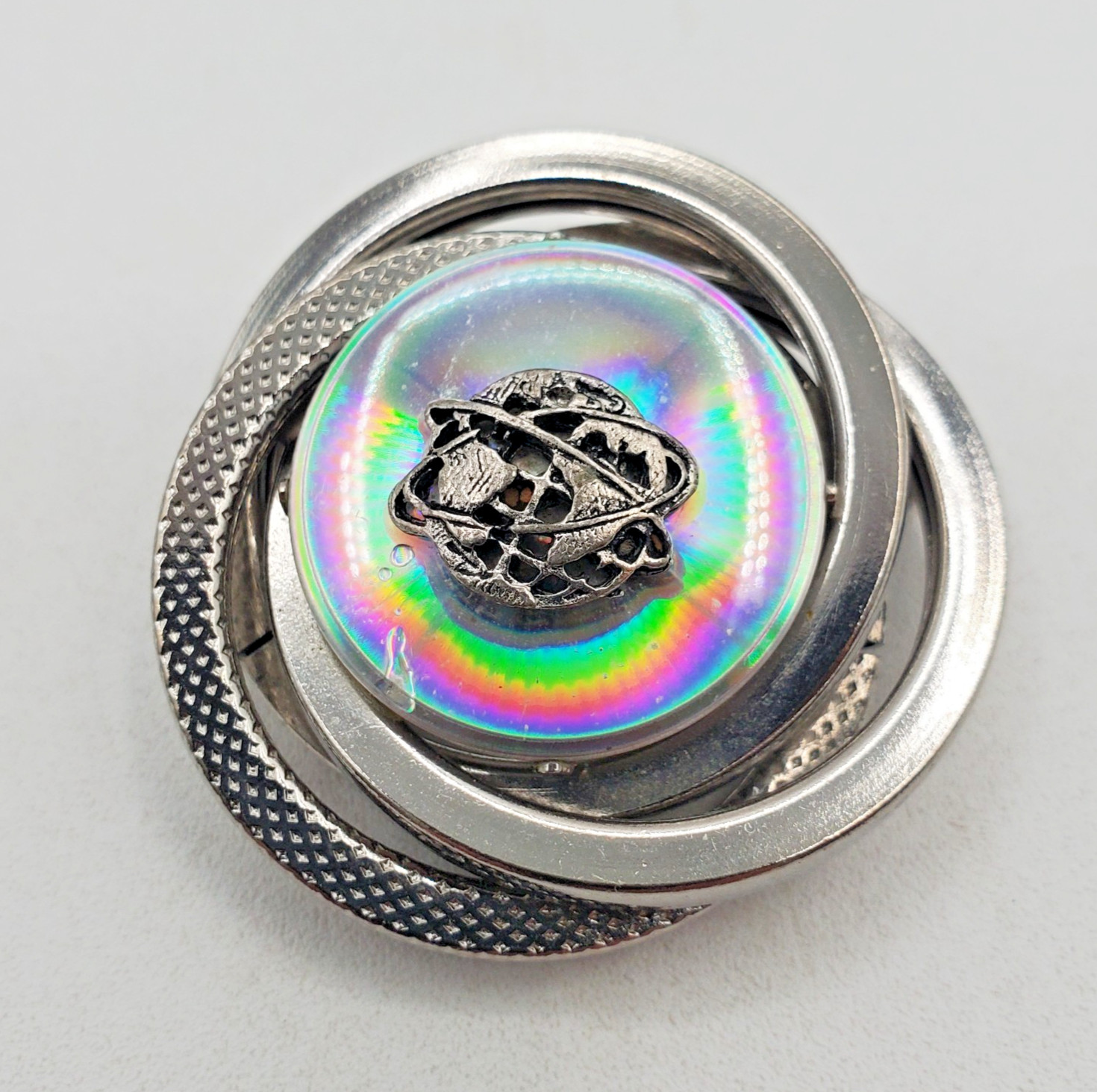 VTG Atomic Age Orbit Swirl Brooch Silver Tone Iridescent Globe Space Mod READ