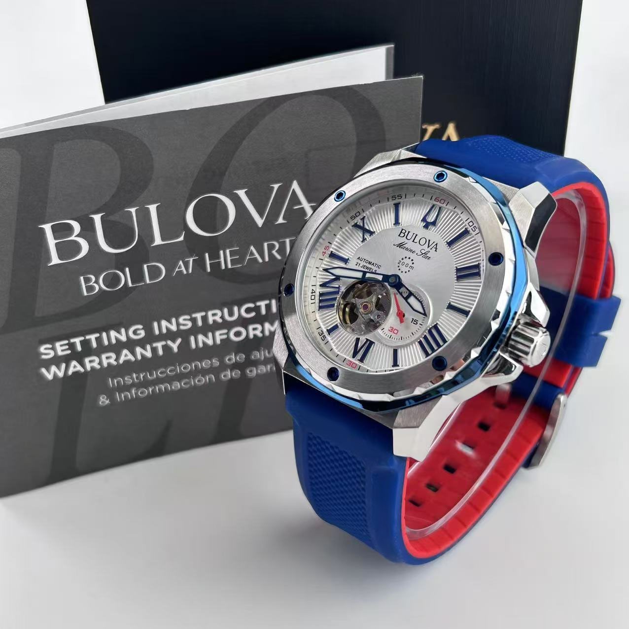 New Bulova Marine Star White Dial Blue Rubber Strap Men’s Automatic Watch 98A225