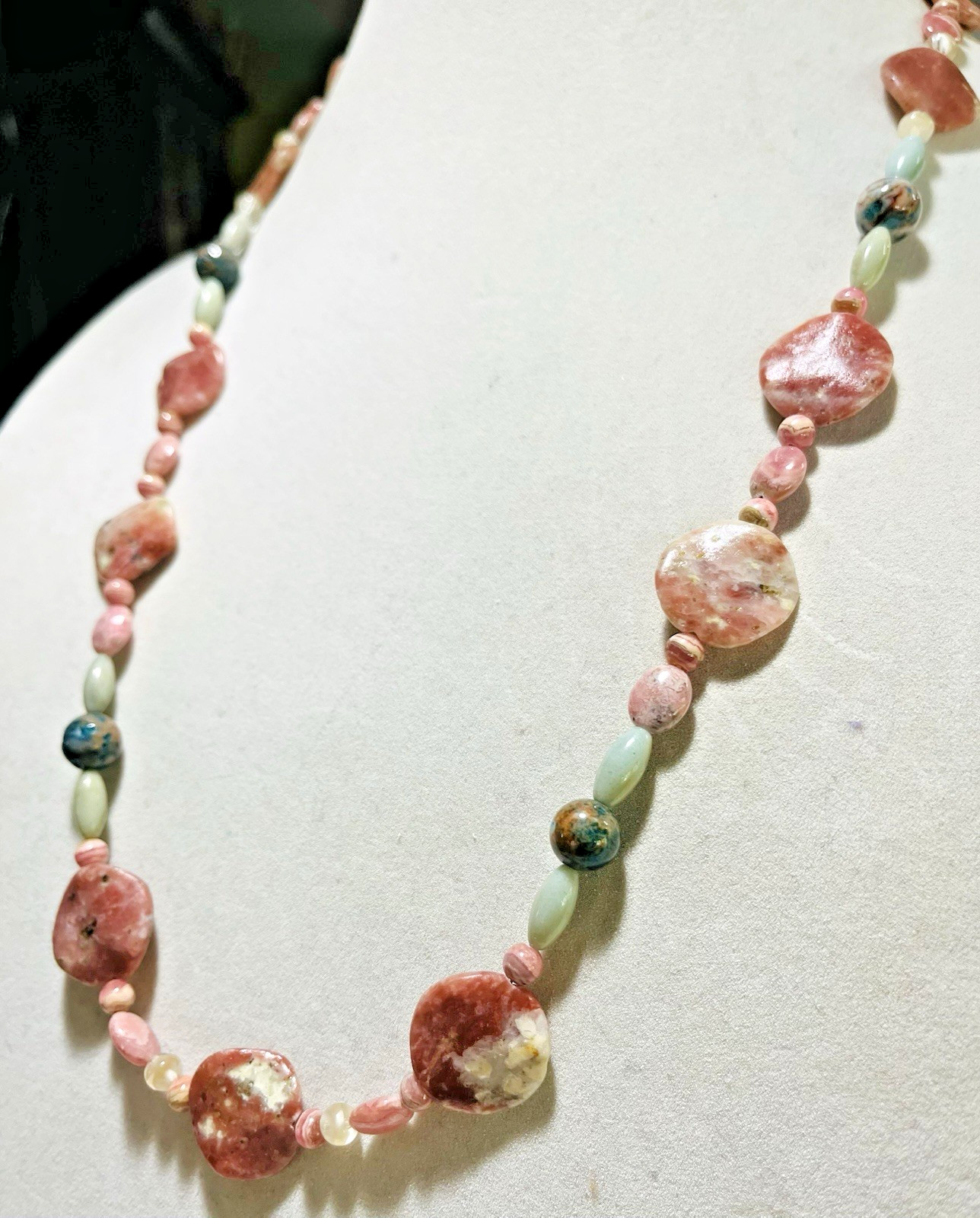 USA Artisan Pink Rhodonite Rippled Disc Bead Necklace 27″ Sterling Toggle Clasp