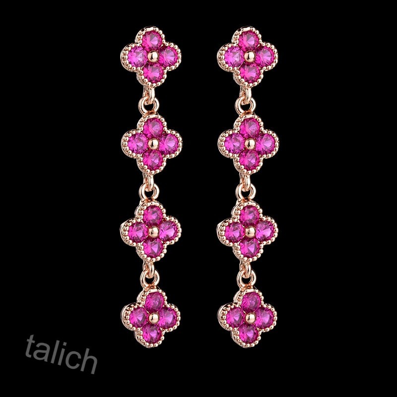 Rose Gold Plated Hot Pink Fuchsia CZ Cubic Zirconia Linear Flower Long Earrings